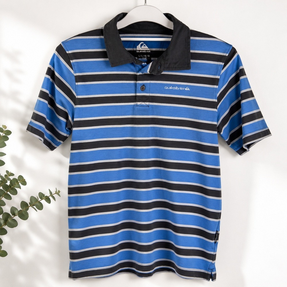 Quiksilver Boys Striped Polo Shirt Skater Surf Coastal Blue Gray 14 Large NWOT